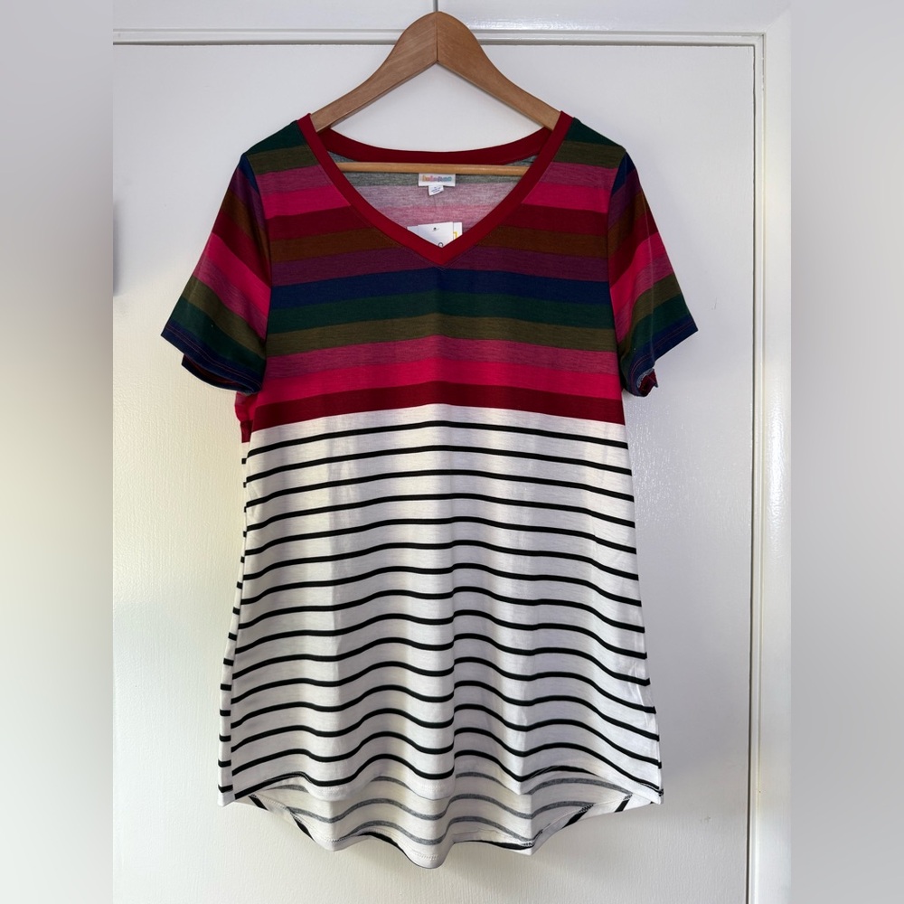 🆕 Lularoe Christy V-Neck Short Sleeve Tunic T-Shirt Rainbow Stripe Comfy Relaxed